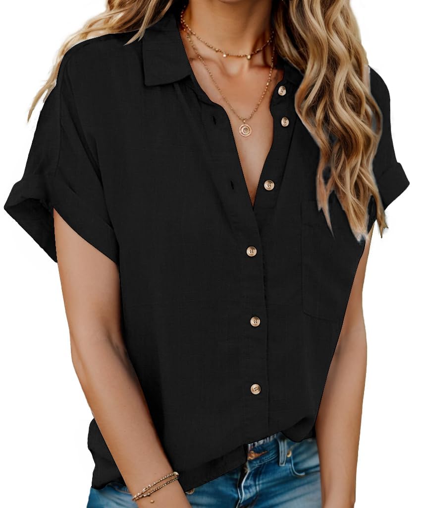 HOTOUCH Women's Short Sleeve Button Down Collared Shirt