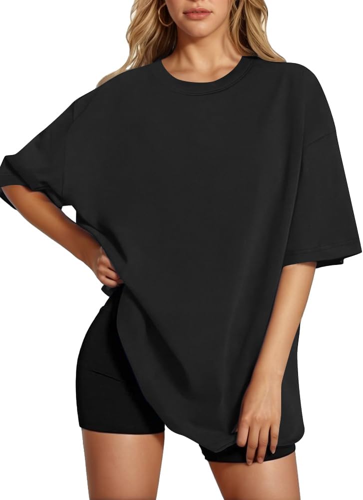 HOTOUCH Womens Oversized T Shirts Crewneck Short Sleeve Workout Blouse Tops Summer Casual Dropped Shoulder Tunic Tee