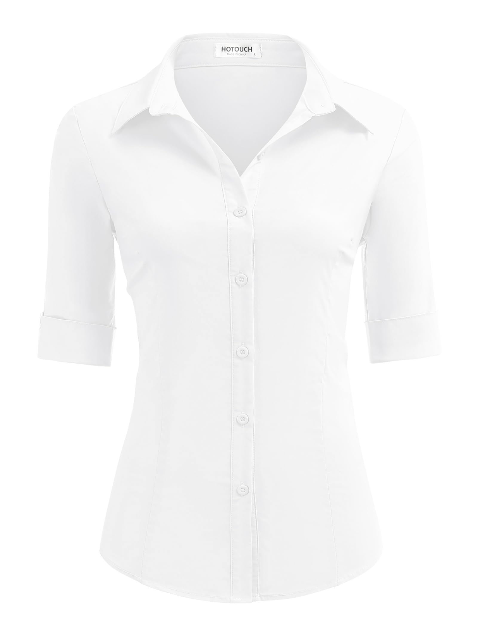 HOTOUCH Women's Basic Button Down Shirts 3/4 Sleeve Stretch Button Up Dress Shirt Slim Fit Waitress Work Shirts