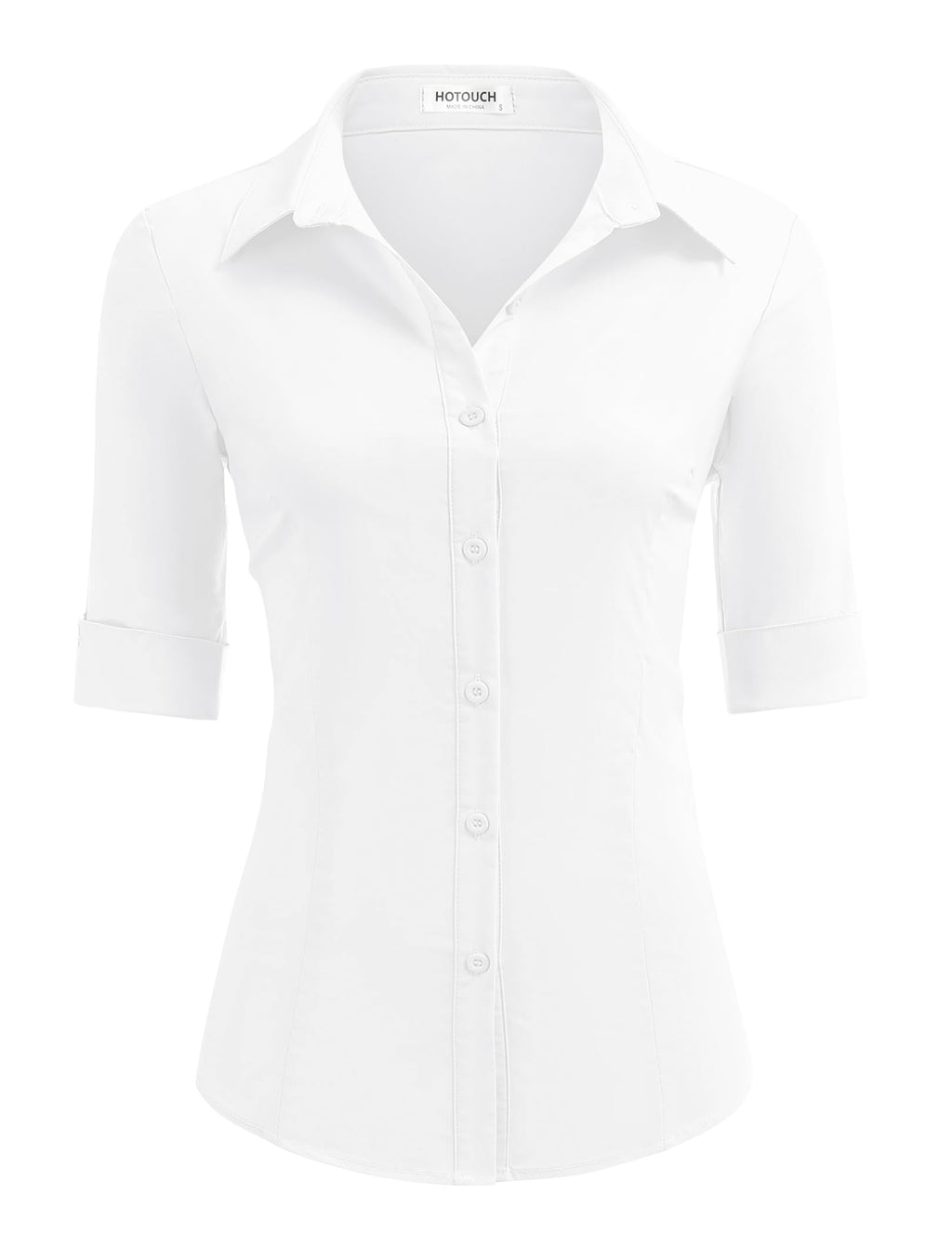 HOTOUCH Women's Basic Button Down Shirts 3/4 Sleeve Stretch Button Up Dress Shirt Slim Fit Waitress Work Shirts