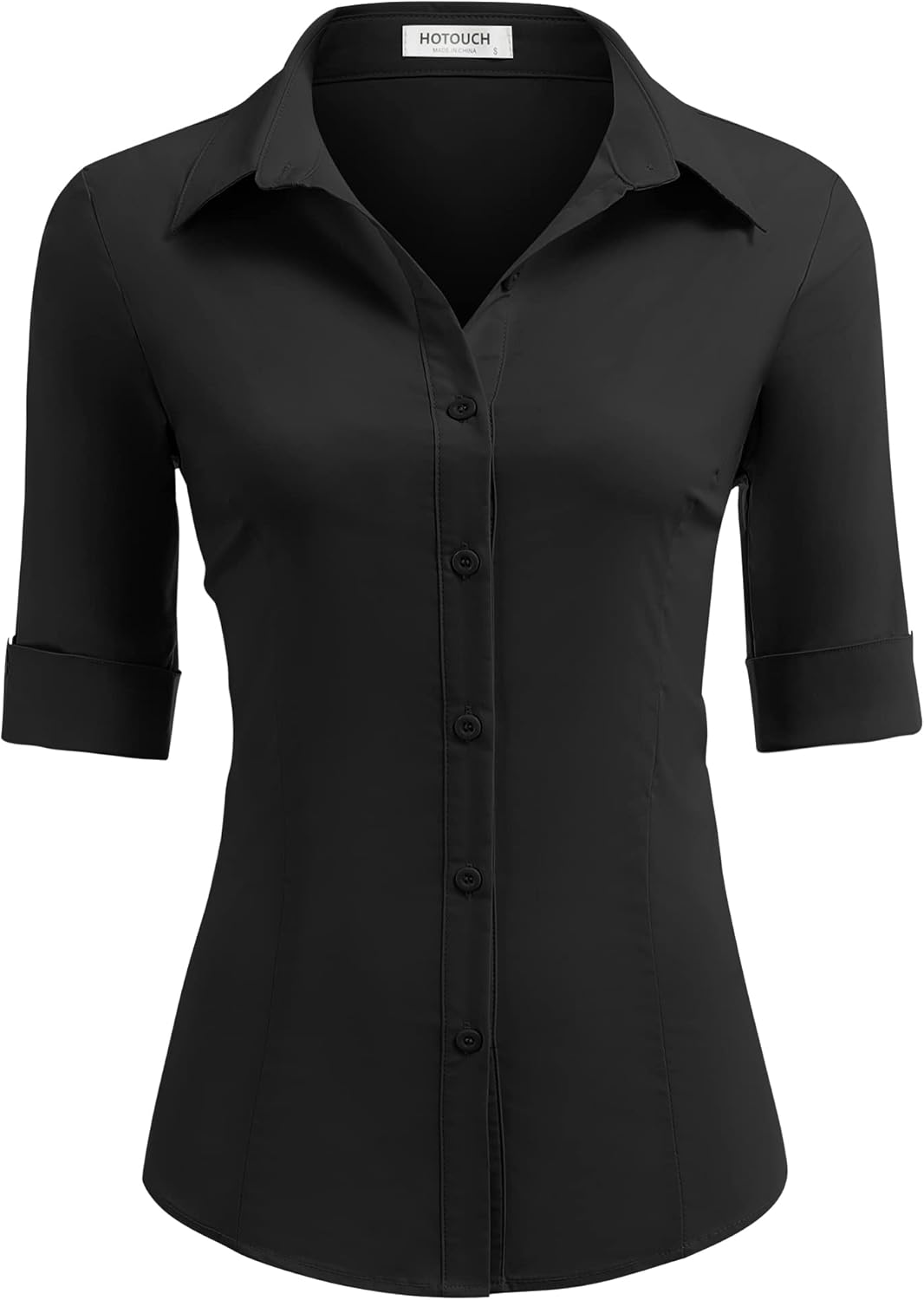 HOTOUCH Women's Basic Button Down Shirts 3/4 Sleeve Stretch Button Up Dress Shirt Slim Fit Waitress Work Shirts