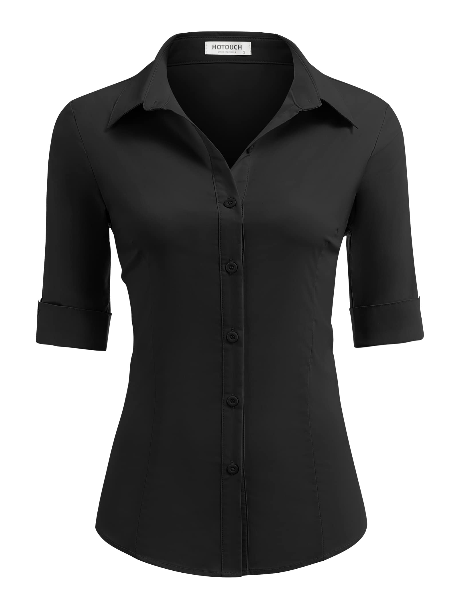 HOTOUCH Women's Basic Button Down Shirts 3/4 Sleeve Stretch Button Up Dress Shirt Slim Fit Waitress Work Shirts
