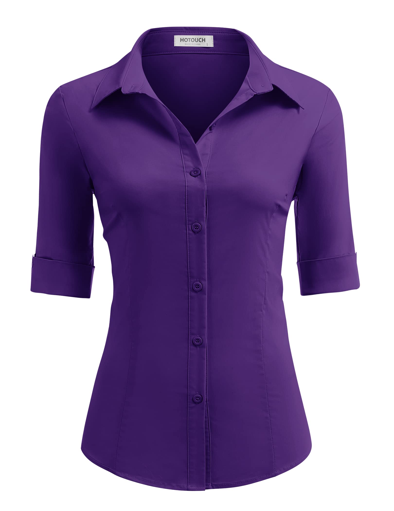 HOTOUCH Women's Basic Button Down Shirts 3/4 Sleeve Stretch Button Up Dress Shirt Slim Fit Waitress Work Shirts