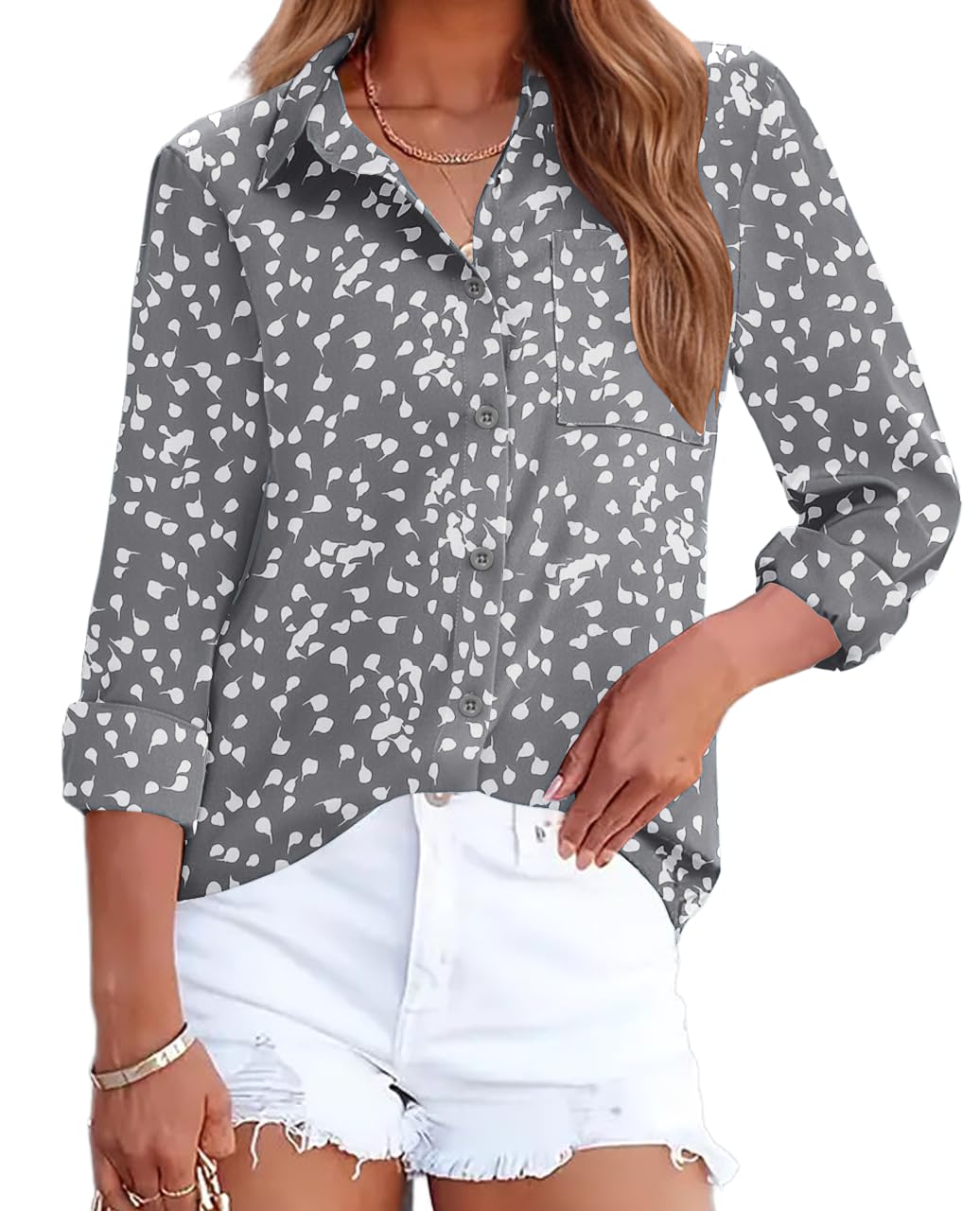 HOTOUCH Womens Button Down Shirts Long Sleeve Dress Shirts Casual V Neck Collared Tops Work Office Blouse with Pocket