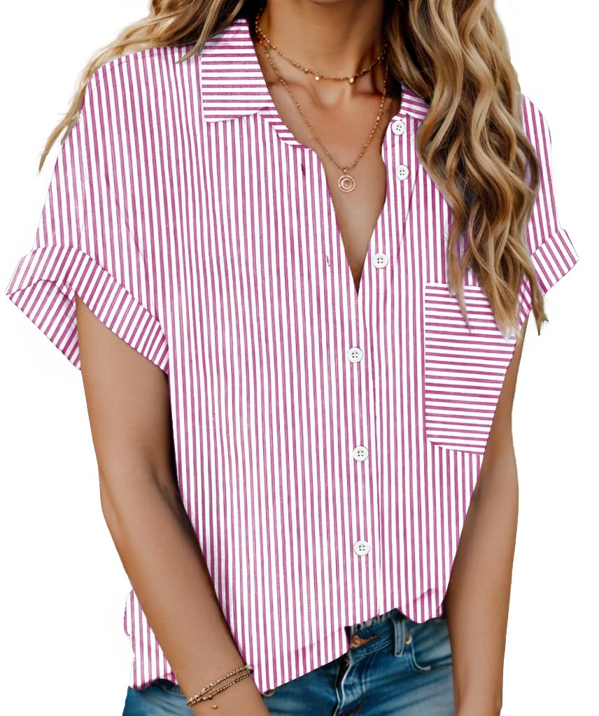 HOTOUCH Women's Short Sleeve Button Down Collared Shirt
