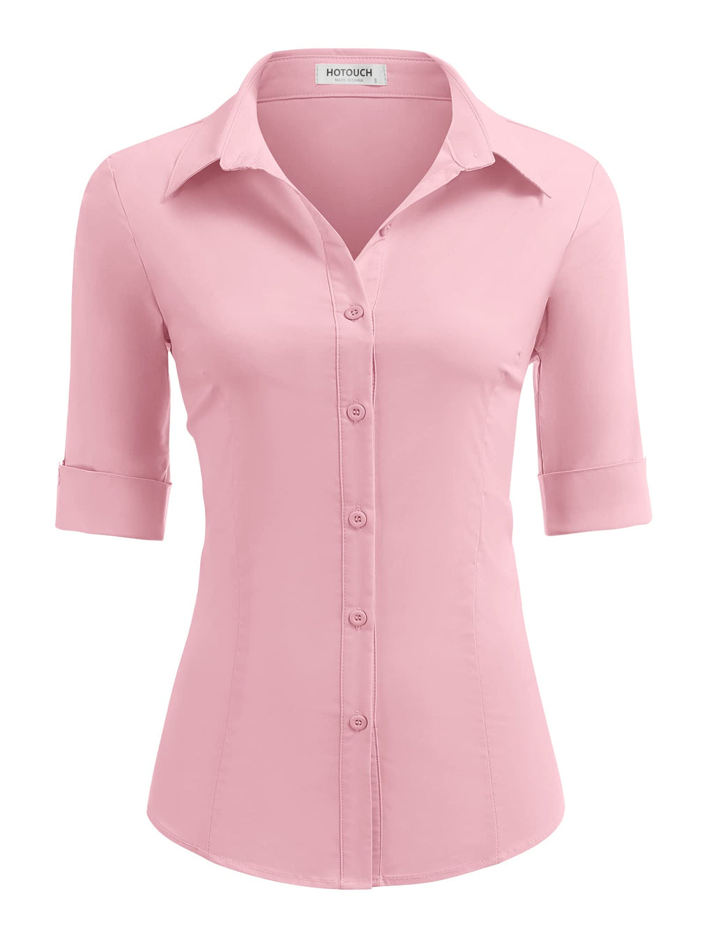 HOTOUCH Women's Basic Button Down Shirts 3/4 Sleeve Stretch Button Up Dress Shirt Slim Fit Waitress Work Shirts