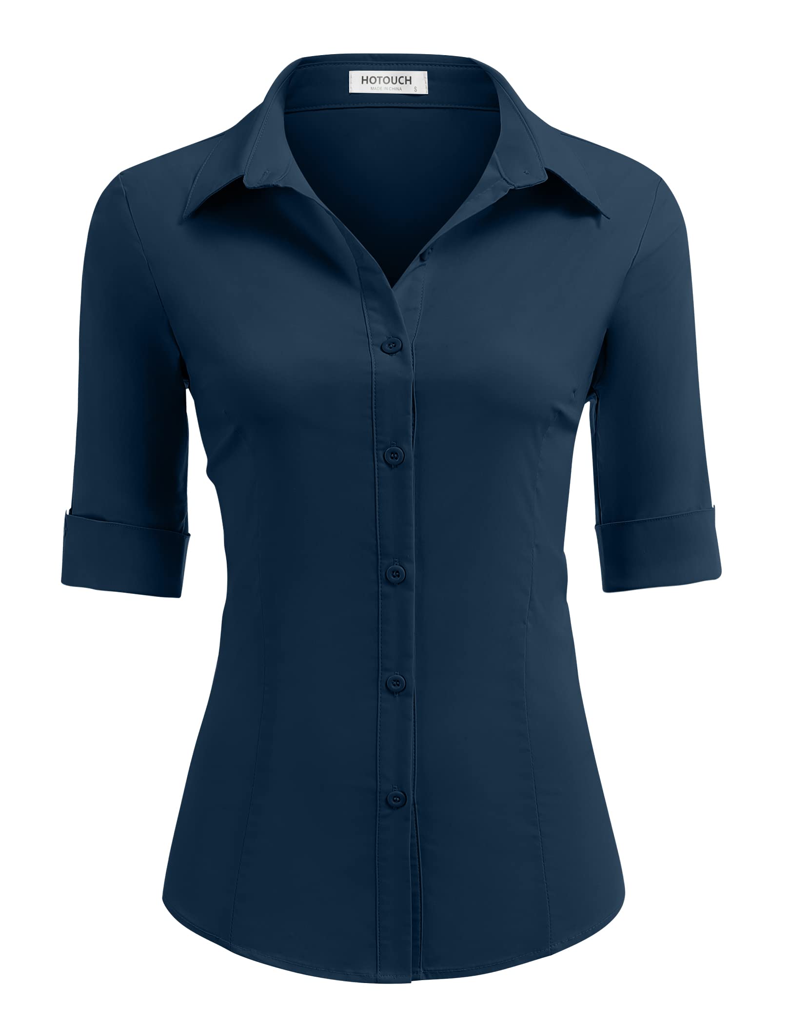 HOTOUCH Women's Basic Button Down Shirts 3/4 Sleeve Stretch Button Up Dress Shirt Slim Fit Waitress Work Shirts