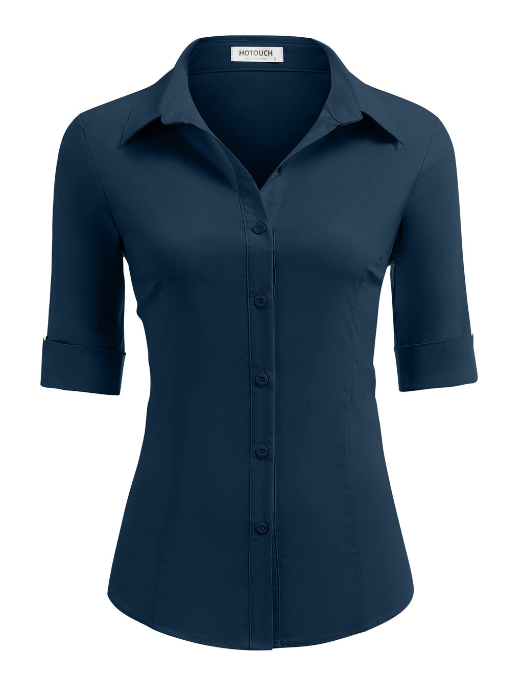 HOTOUCH Women's Basic Button Down Shirts 3/4 Sleeve Stretch Button Up Dress Shirt Slim Fit Waitress Work Shirts