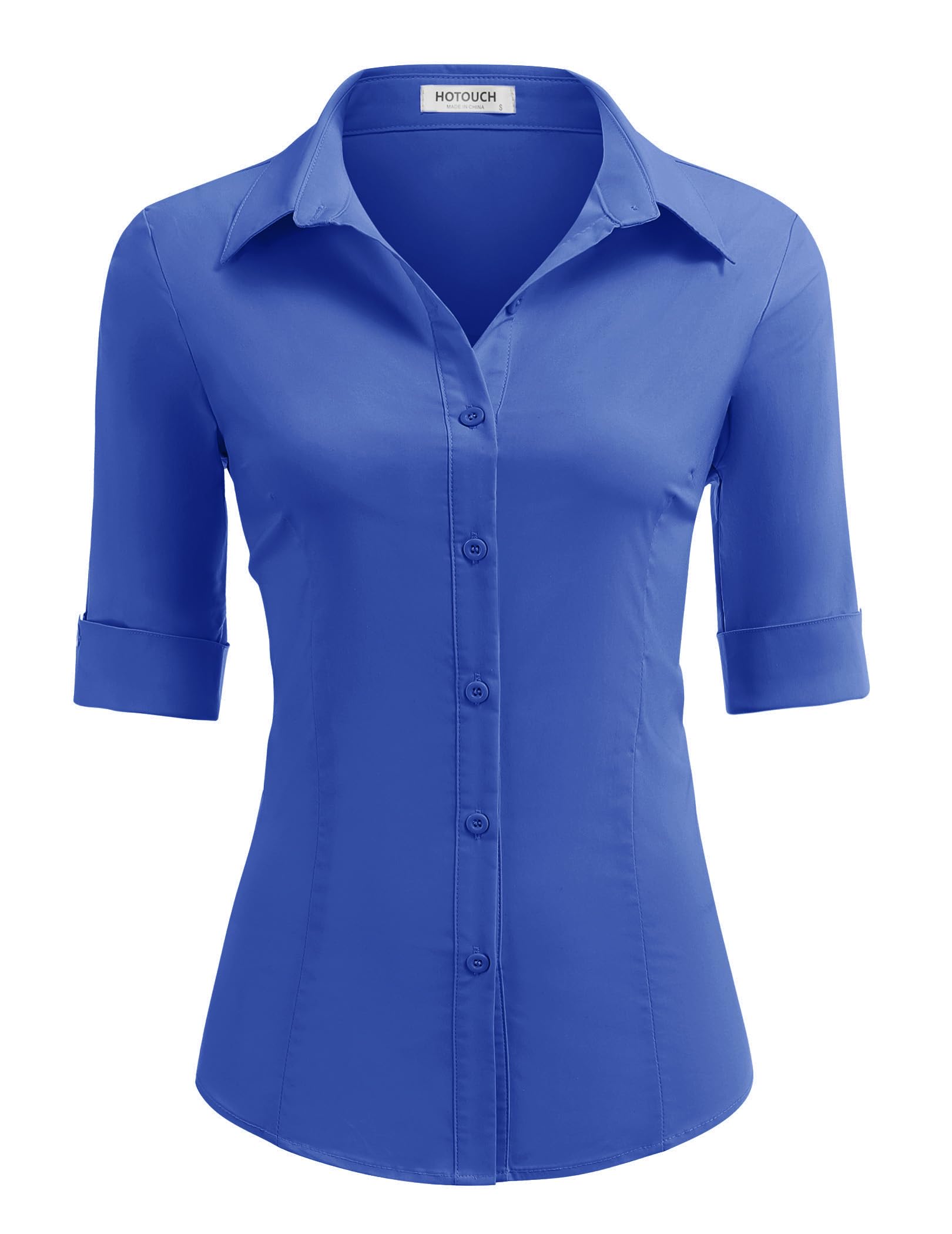 HOTOUCH Women's Basic Button Down Shirts 3/4 Sleeve Stretch Button Up Dress Shirt Slim Fit Waitress Work Shirts