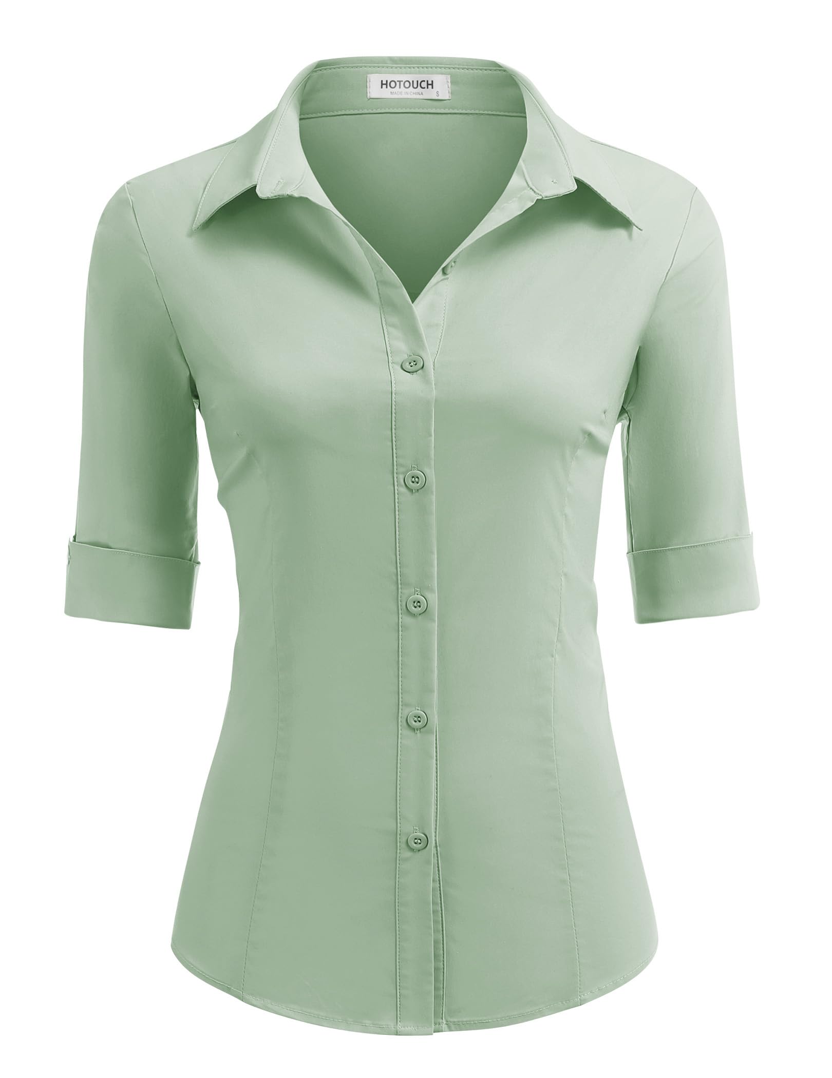 HOTOUCH Women's Basic Button Down Shirts 3/4 Sleeve Stretch Button Up Dress Shirt Slim Fit Waitress Work Shirts