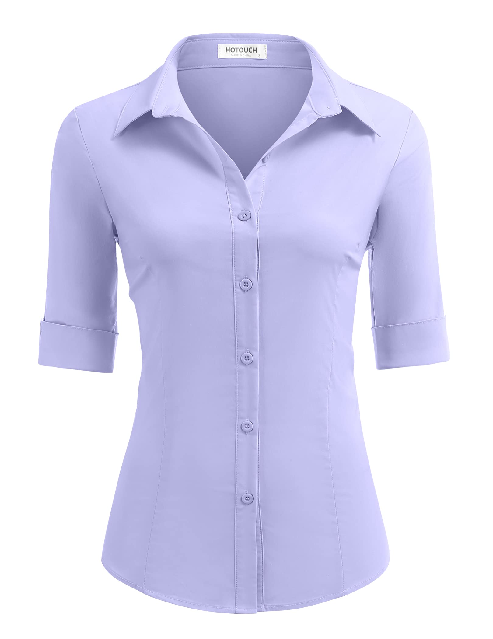 HOTOUCH Women's Basic Button Down Shirts 3/4 Sleeve Stretch Button Up Dress Shirt Slim Fit Waitress Work Shirts