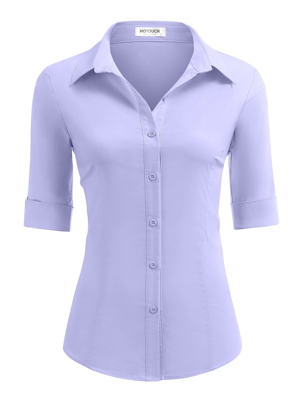 HOTOUCH Women's Basic Button Down Shirts 3/4 Sleeve Stretch Button Up Dress Shirt Slim Fit Waitress Work Shirts