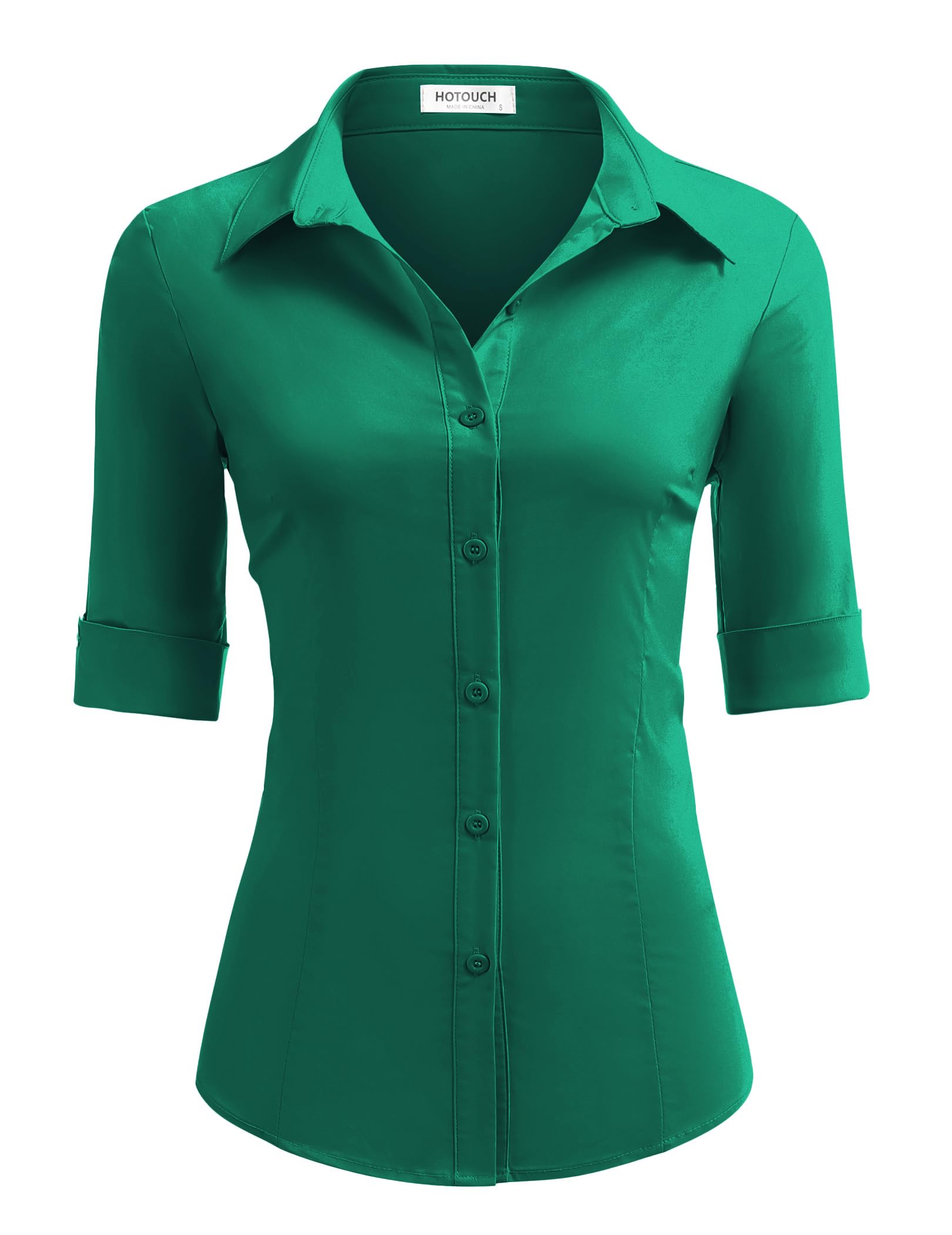 HOTOUCH Women's Basic Button Down Shirts 3/4 Sleeve Stretch Button Up Dress Shirt Slim Fit Waitress Work Shirts