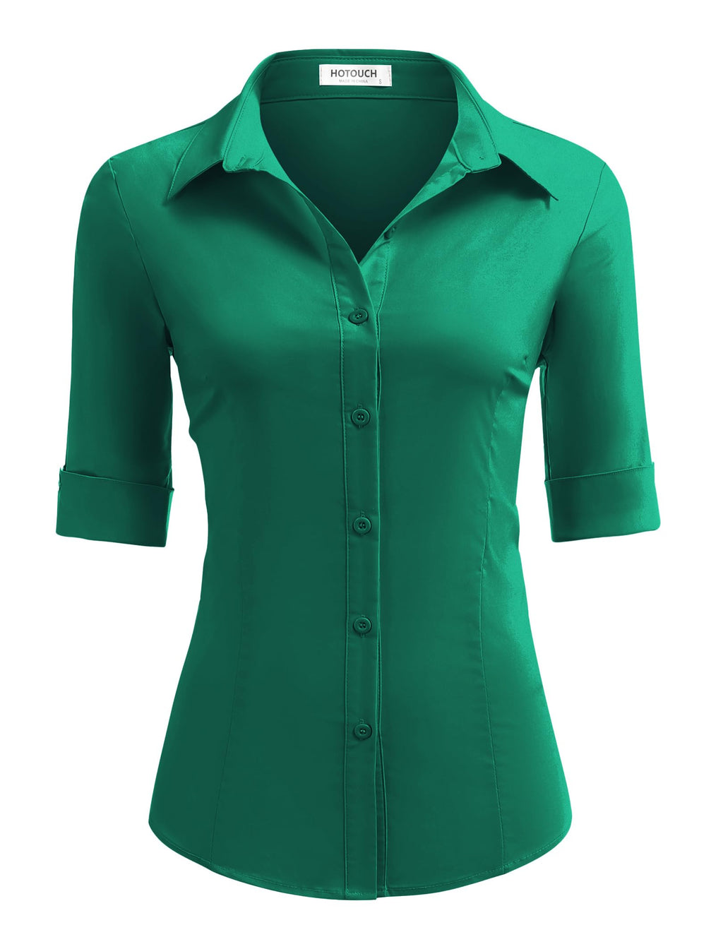 HOTOUCH Women's Basic Button Down Shirts 3/4 Sleeve Stretch Button Up Dress Shirt Slim Fit Waitress Work Shirts
