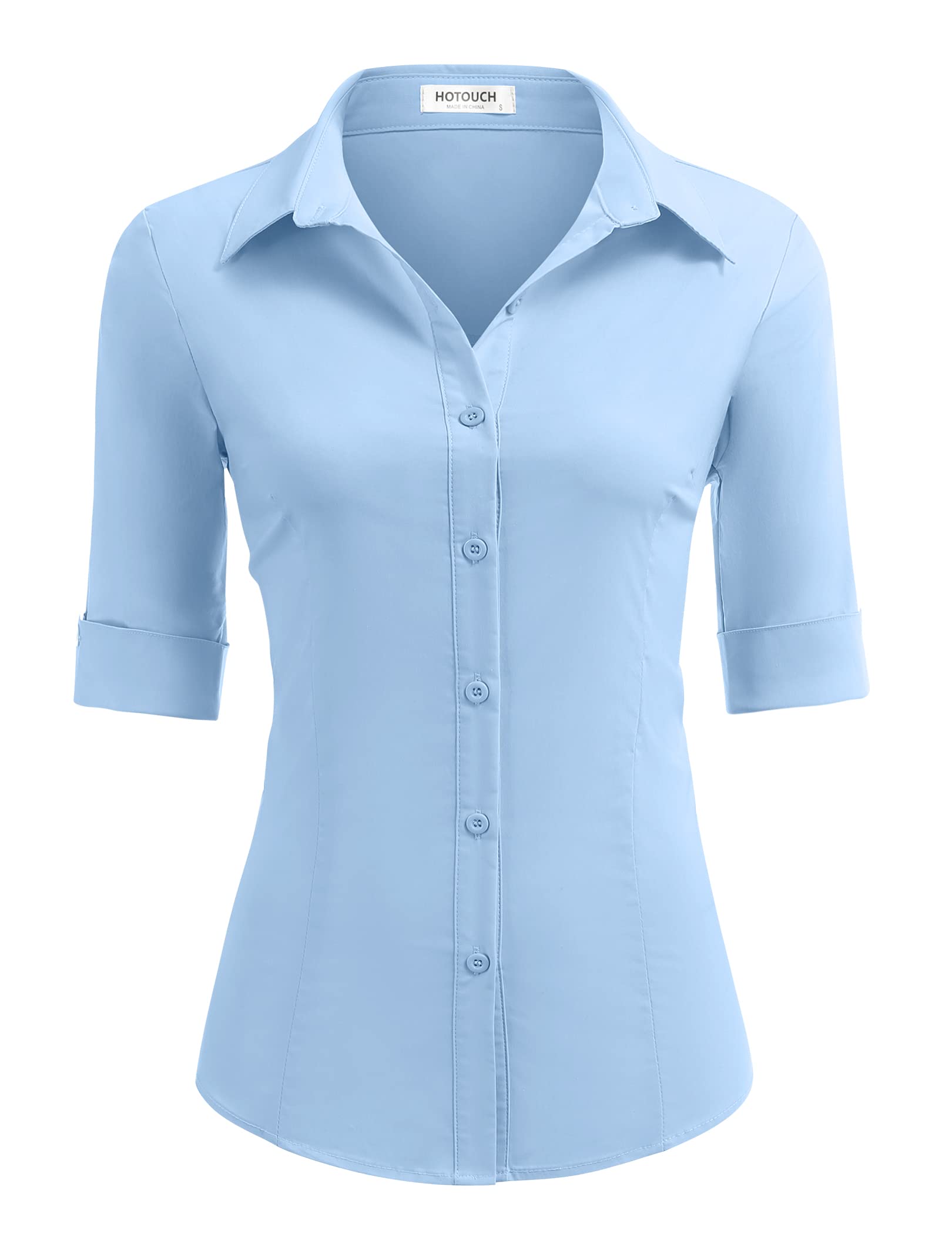 HOTOUCH Women's Basic Button Down Shirts 3/4 Sleeve Stretch Button Up Dress Shirt Slim Fit Waitress Work Shirts