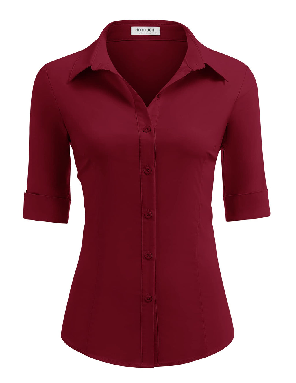 HOTOUCH Women's Basic Button Down Shirts 3/4 Sleeve Stretch Button Up Dress Shirt Slim Fit Waitress Work Shirts