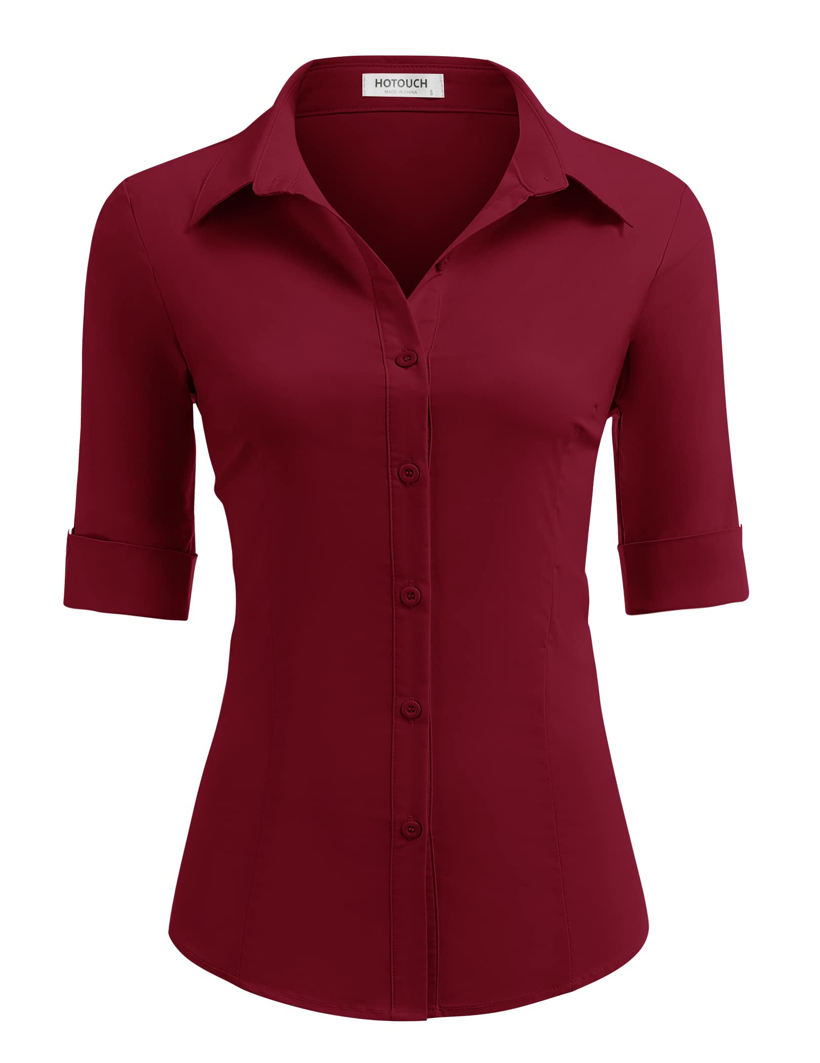 HOTOUCH Women's Basic Button Down Shirts 3/4 Sleeve Stretch Button Up Dress Shirt Slim Fit Waitress Work Shirts