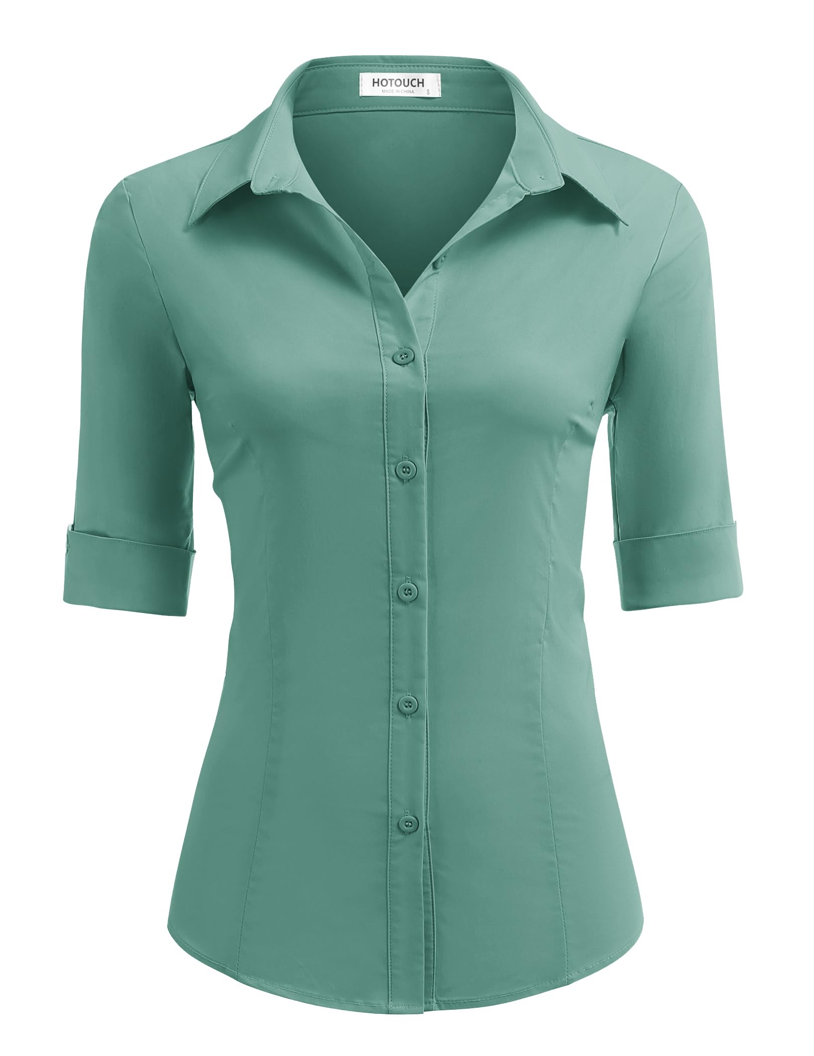 HOTOUCH Women's Basic Button Down Shirts 3/4 Sleeve Stretch Button Up Dress Shirt Slim Fit Waitress Work Shirts