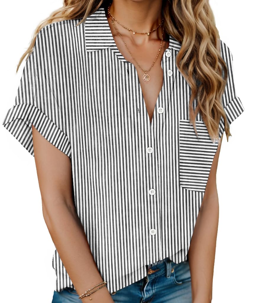 HOTOUCH Women's Short Sleeve Button Down Collared Shirt