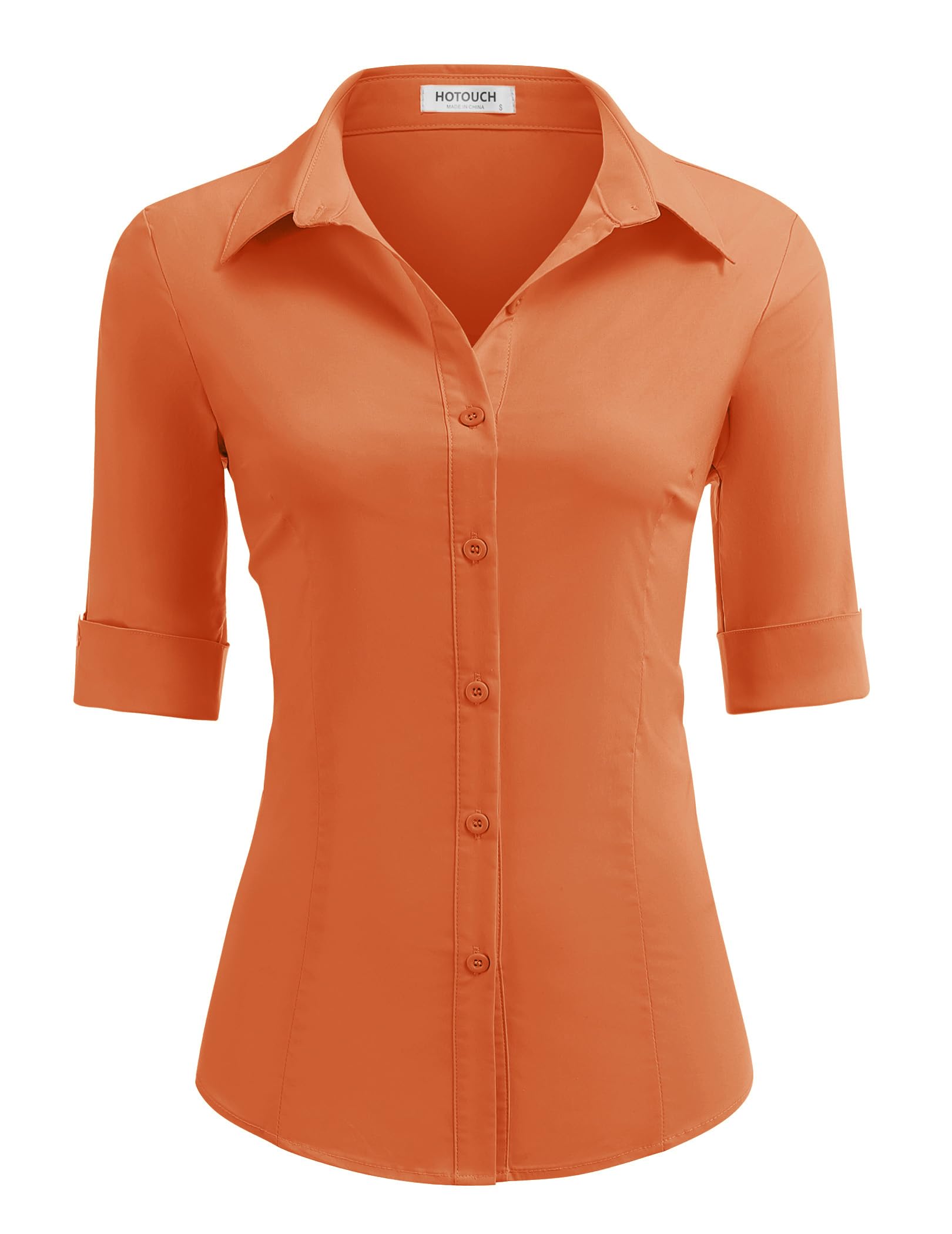 HOTOUCH Women's Basic Button Down Shirts 3/4 Sleeve Stretch Button Up Dress Shirt Slim Fit Waitress Work Shirts