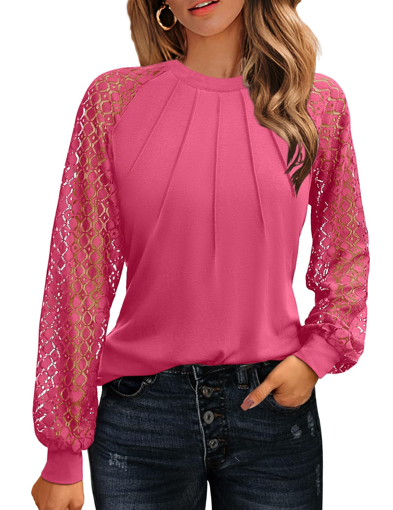 HOTOUCH Womens Lace Short/Long Sleeve Tops Fall Dressy Casual Blouses Business Work Shirts Fashion Clothe Trendy Outfits