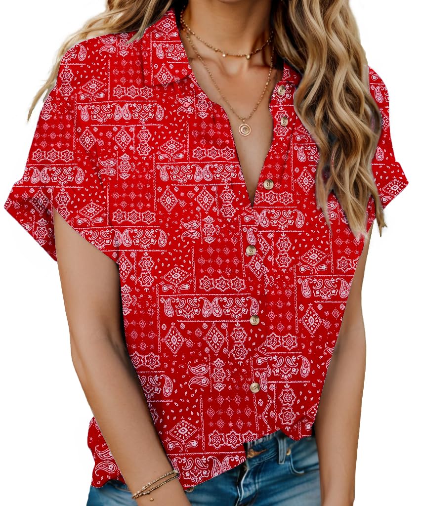 HOTOUCH Women's Short Sleeve Button Down Collared Shirt