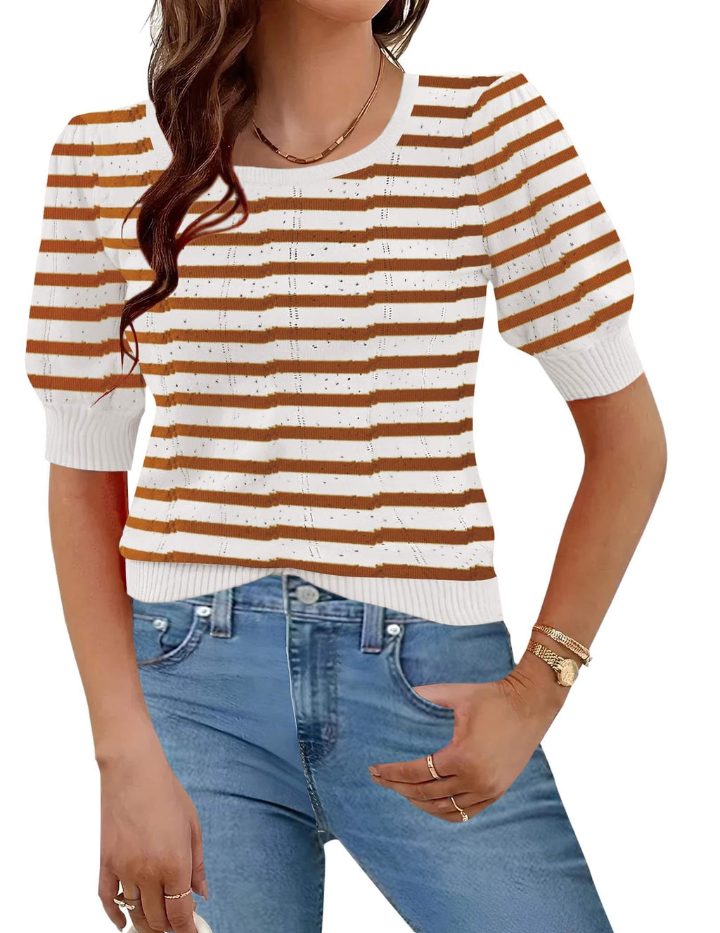 Hotouch Sweaters for Women 2026 Fall Trendy Tops Casual Puff Sleeve Square Neck Cute Tunic Pullover Blouses XS-XXL