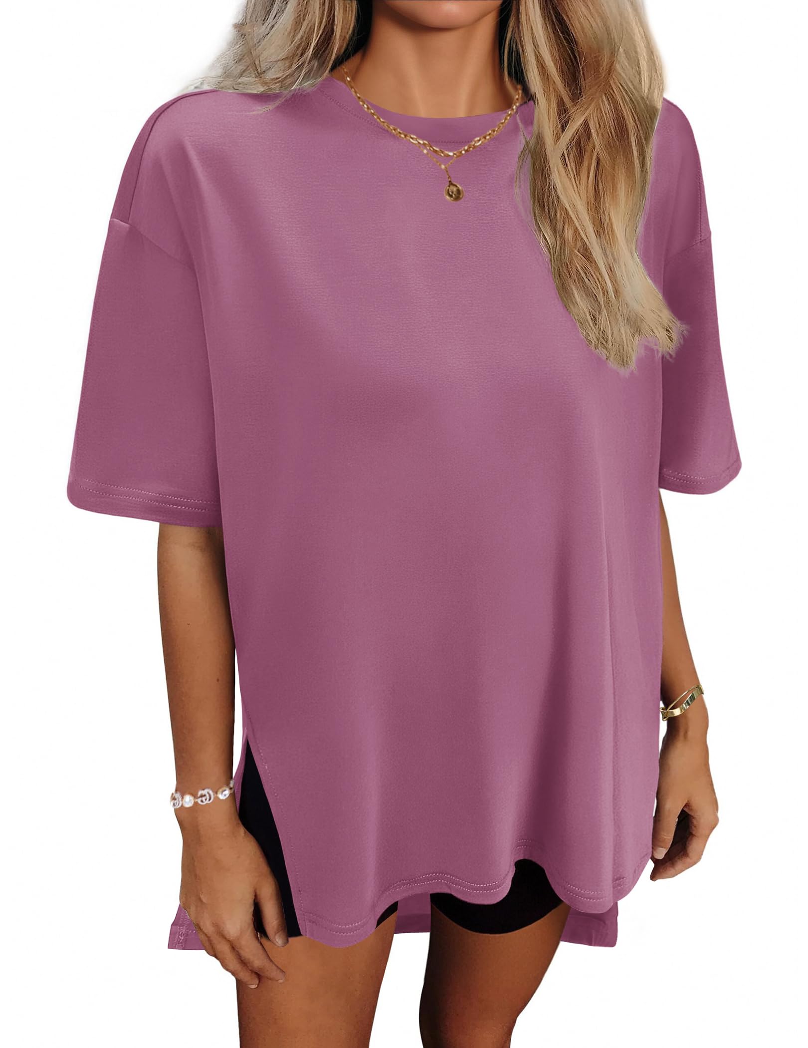 HOTOUCH Womens Oversized T Shirts Crewneck Short Sleeve Workout Blouse Tops Summer Casual Dropped Shoulder Tunic Tee