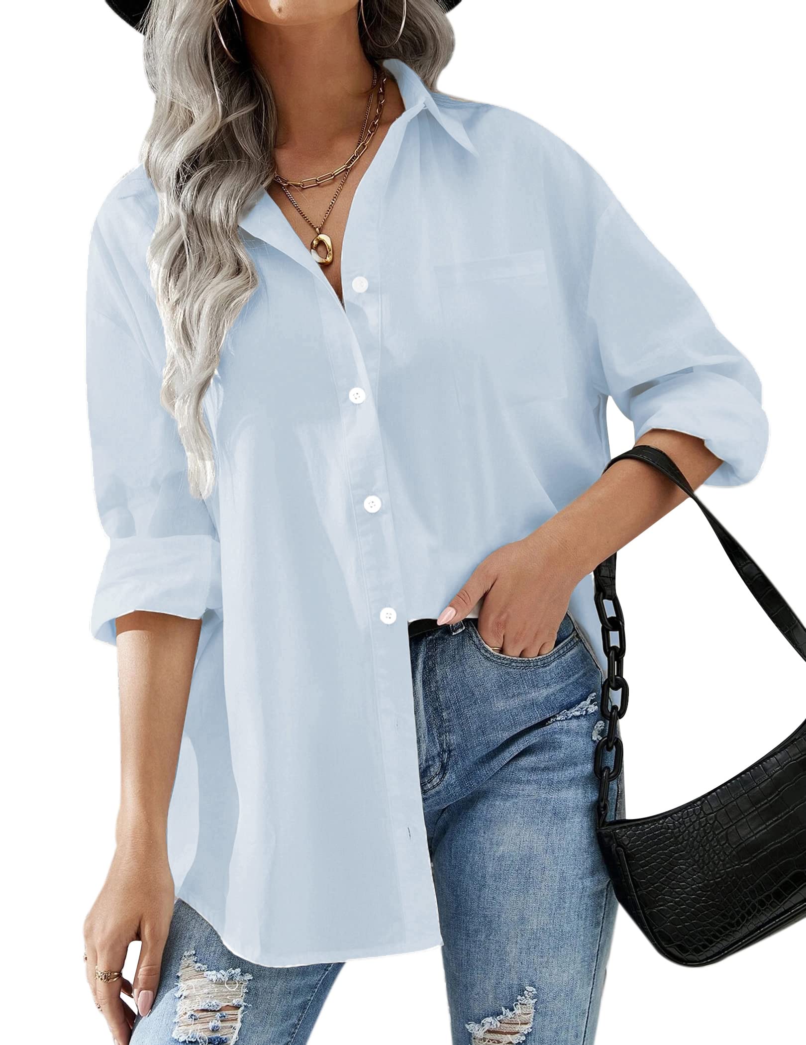 HOTOUCH Women Oversized Button Down Shirts Office Drop Shoulder Blouse Long Sleeve Boyfriend Dress Shirt with Pockets