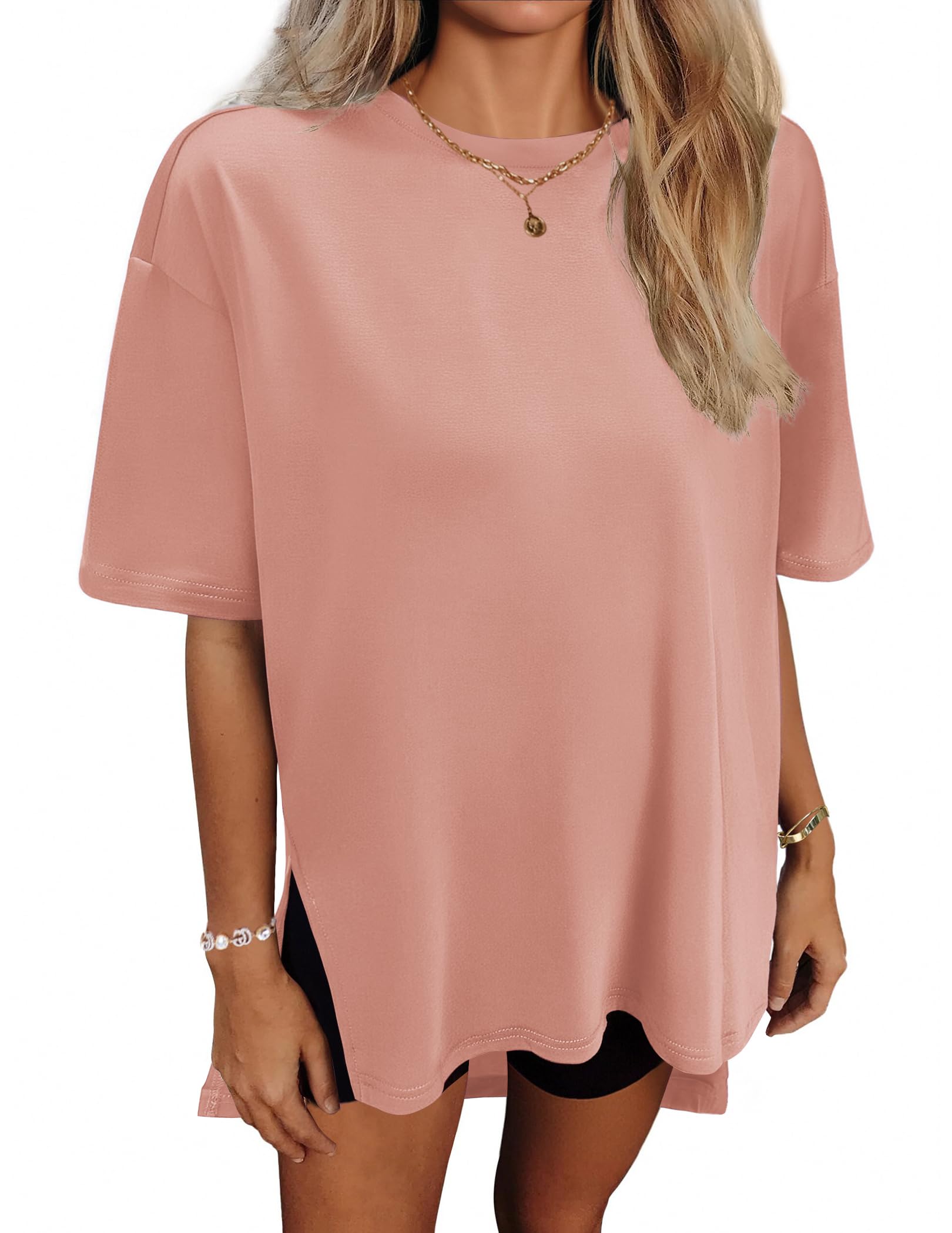 HOTOUCH Womens Oversized T Shirts Crewneck Short Sleeve Workout Blouse Tops Summer Casual Dropped Shoulder Tunic Tee