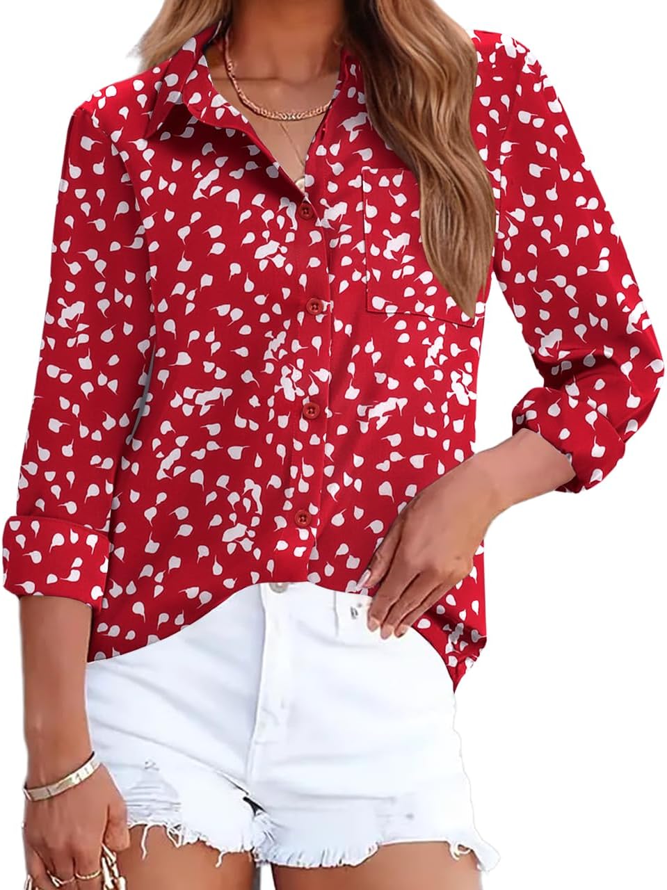 HOTOUCH Womens Button Down Shirts Long Sleeve Dress Shirts Casual V Neck Collared Tops Work Office Blouse with Pocket