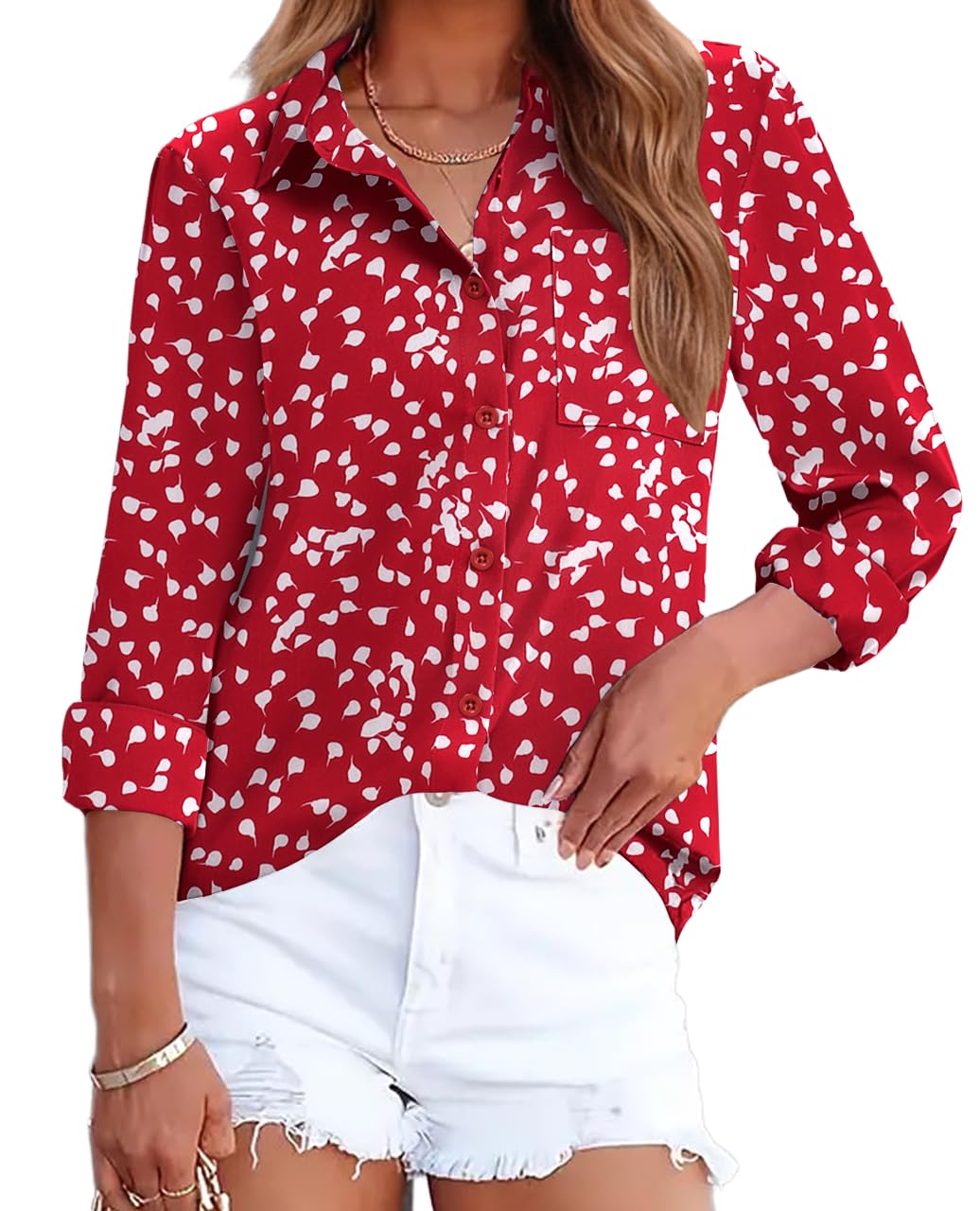 HOTOUCH Womens Button Down Shirts Long Sleeve Dress Shirts Casual V Neck Collared Tops Work Office Blouse with Pocket