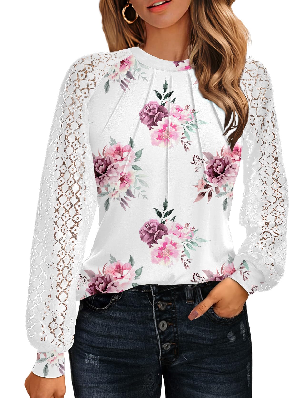 HOTOUCH Womens Lace Short/Long Sleeve Tops Fall Dressy Casual Blouses Business Work Shirts Fashion Clothe Trendy Outfits