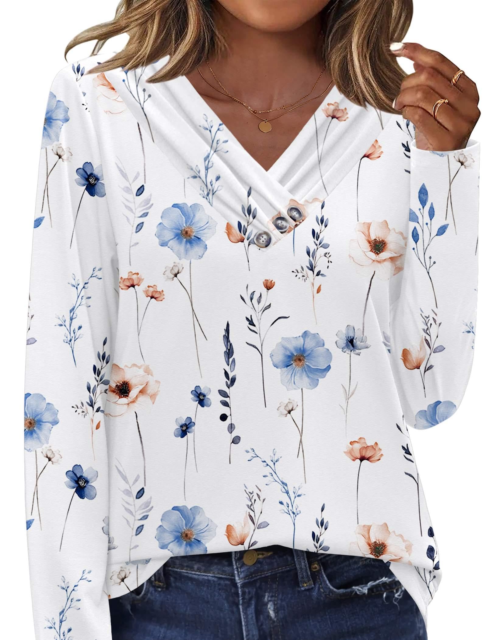 HOTOUCH Womens Fall Tunics Long Sleeve Tops Cross V Neck Shirts Loose Casual Blouses with Decor Button