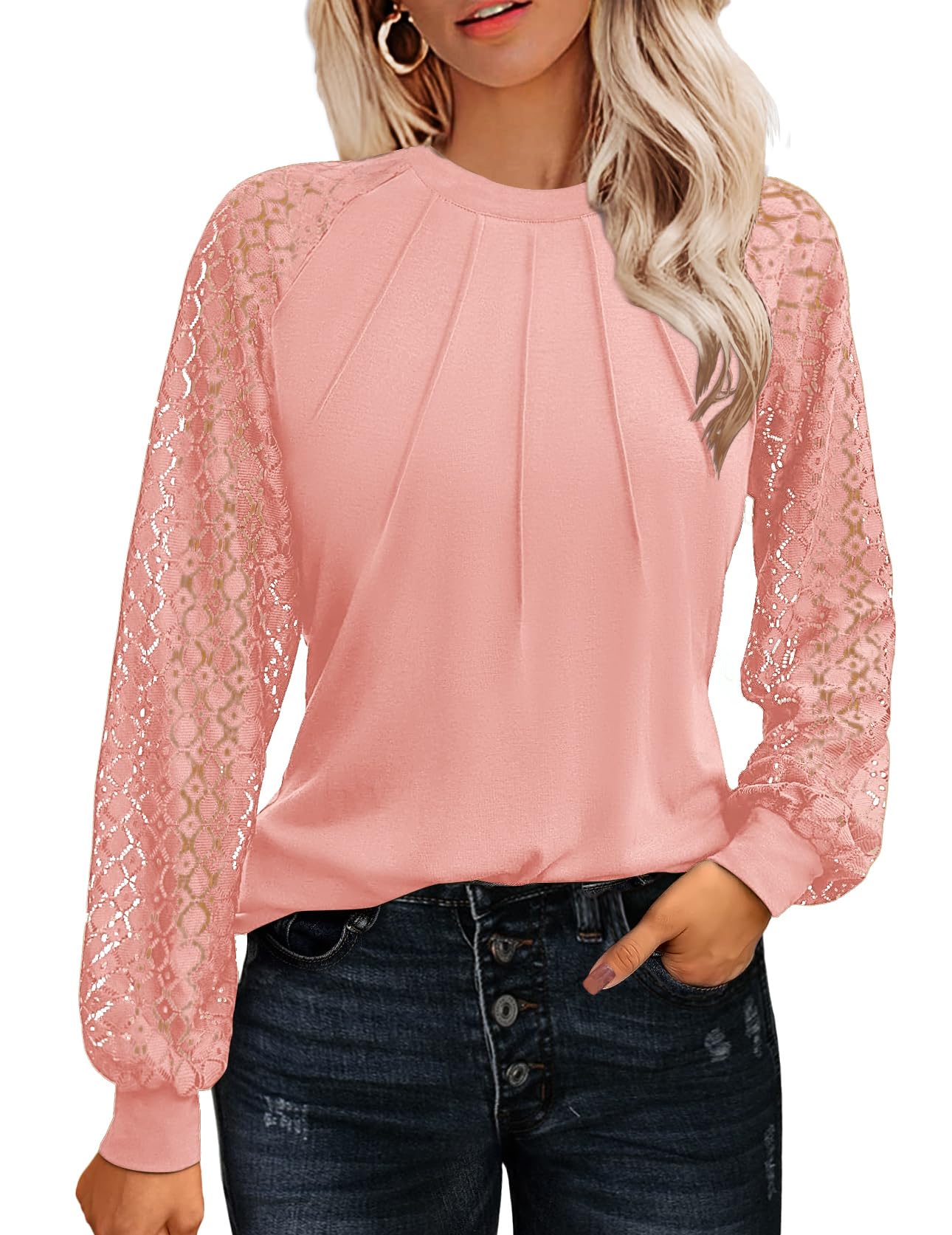 HOTOUCH Womens Lace Short/Long Sleeve Tops Fall Dressy Casual Blouses Business Work Shirts Fashion Clothe Trendy Outfits