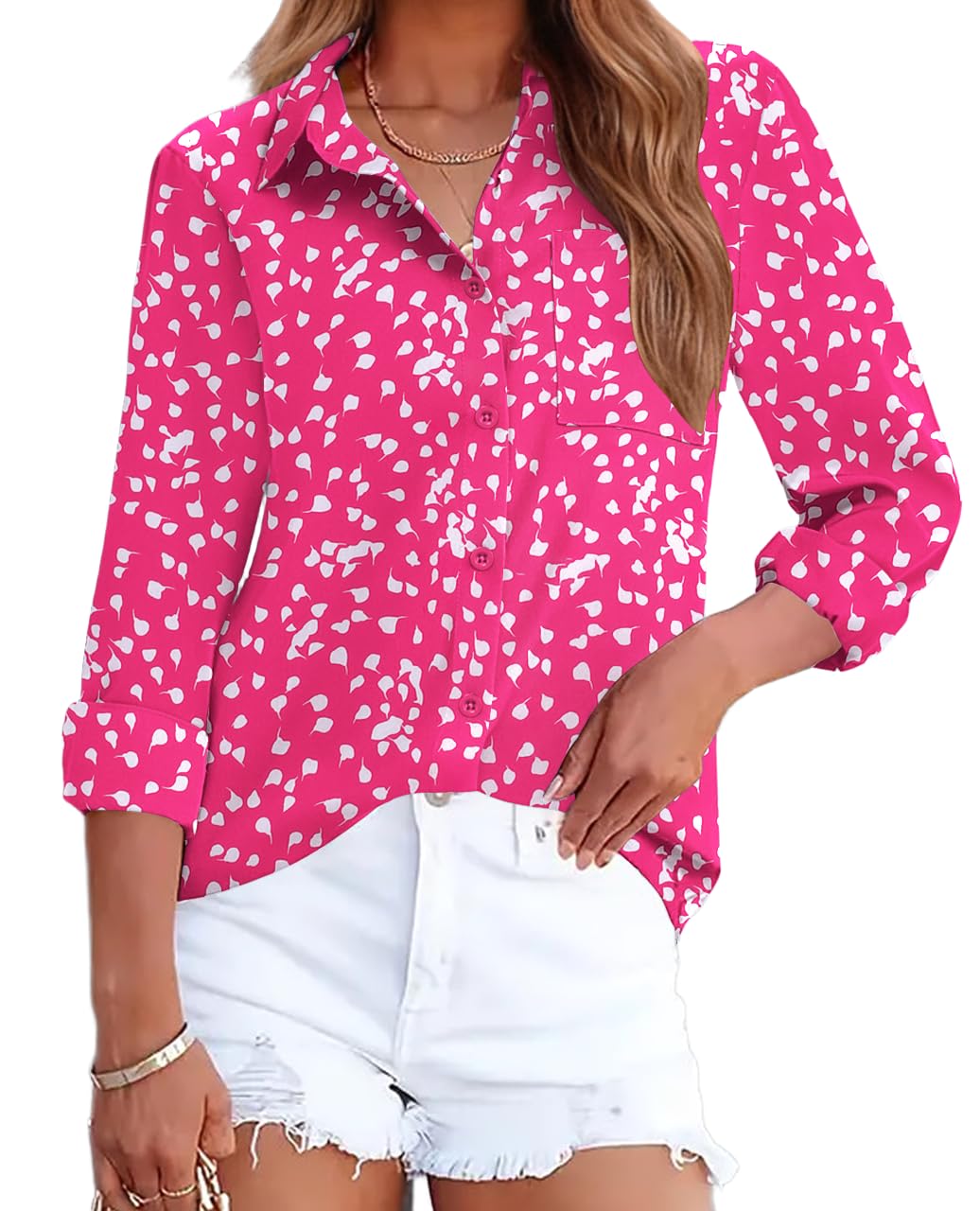 HOTOUCH Womens Button Down Shirts Long Sleeve Dress Shirts Casual V Neck Collared Tops Work Office Blouse with Pocket