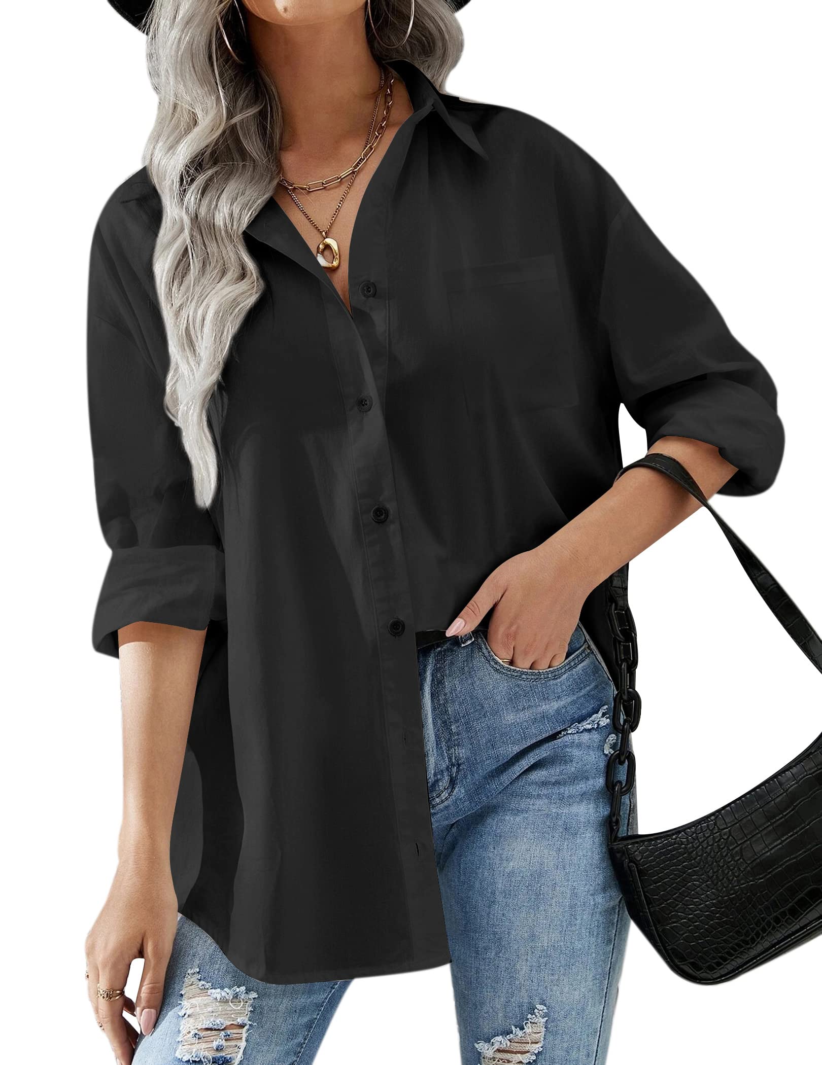 HOTOUCH Women Oversized Button Down Shirts Office Drop Shoulder Blouse Long Sleeve Boyfriend Dress Shirt with Pockets