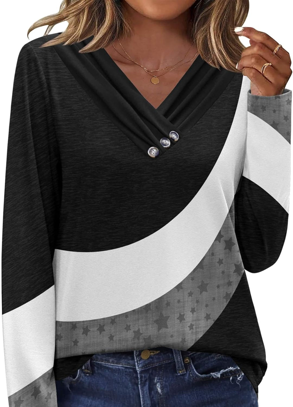 HOTOUCH Womens Fall Tunics Long Sleeve Tops Cross V Neck Shirts Loose Casual Blouses with Decor Button