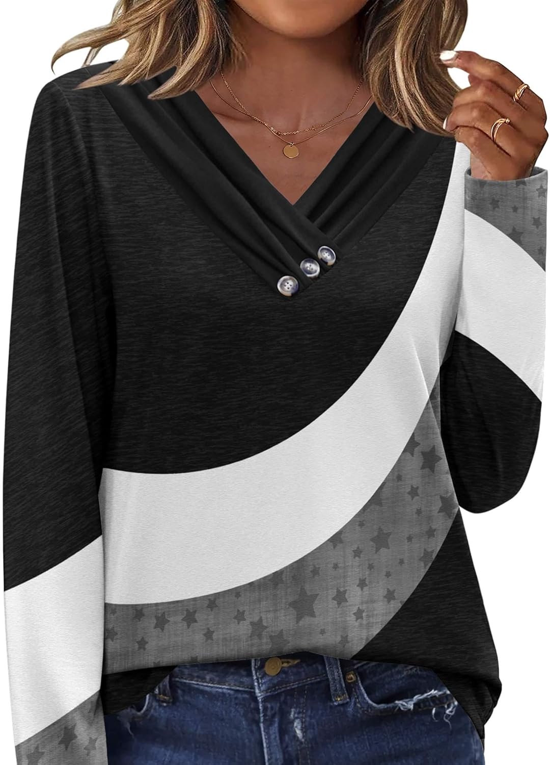 HOTOUCH Womens Fall Tunics Long Sleeve Tops Cross V Neck Shirts Loose Casual Blouses with Decor Button