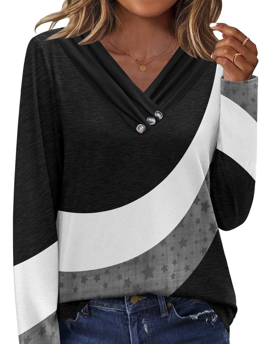 HOTOUCH Womens Fall Tunics Long Sleeve Tops Cross V Neck Shirts Loose Casual Blouses with Decor Button