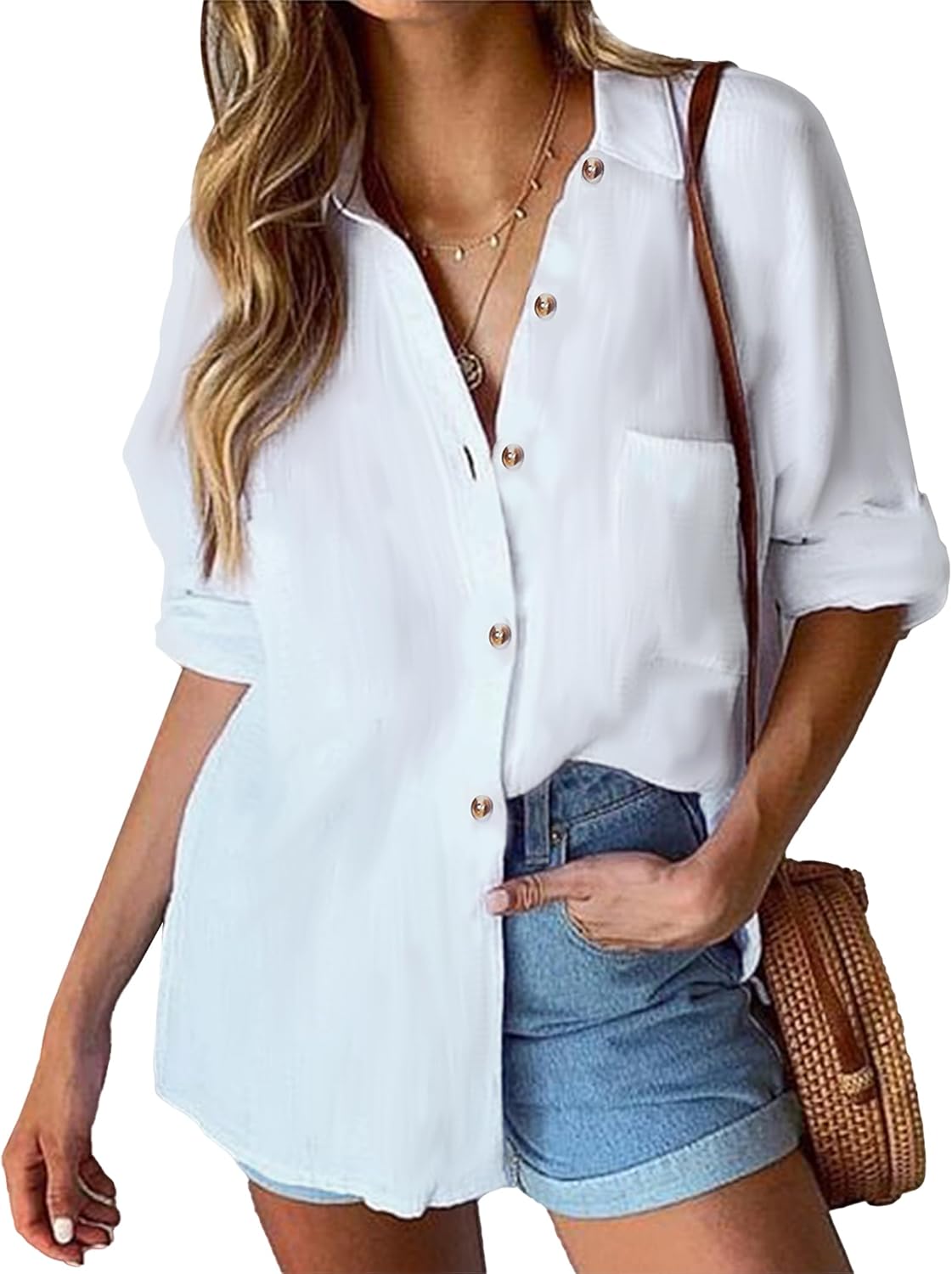 HOTOUCH Womens Linen Button Down Shirt Casual Long Sleeve Cotton Blouse Loose Fit Collared Work Gauze Tops with Pocket