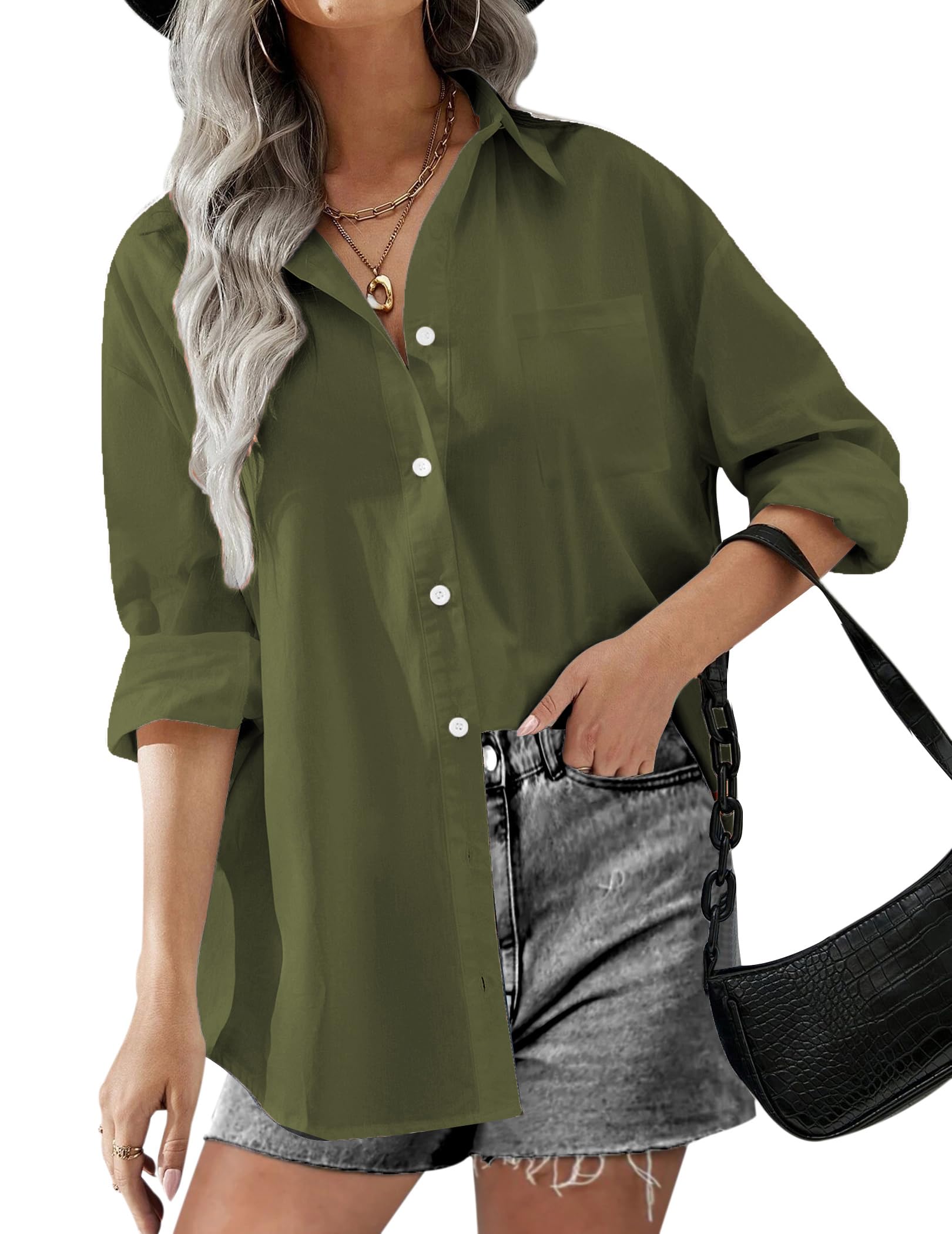 HOTOUCH Women Oversized Button Down Shirts Office Drop Shoulder Blouse Long Sleeve Boyfriend Dress Shirt with Pockets
