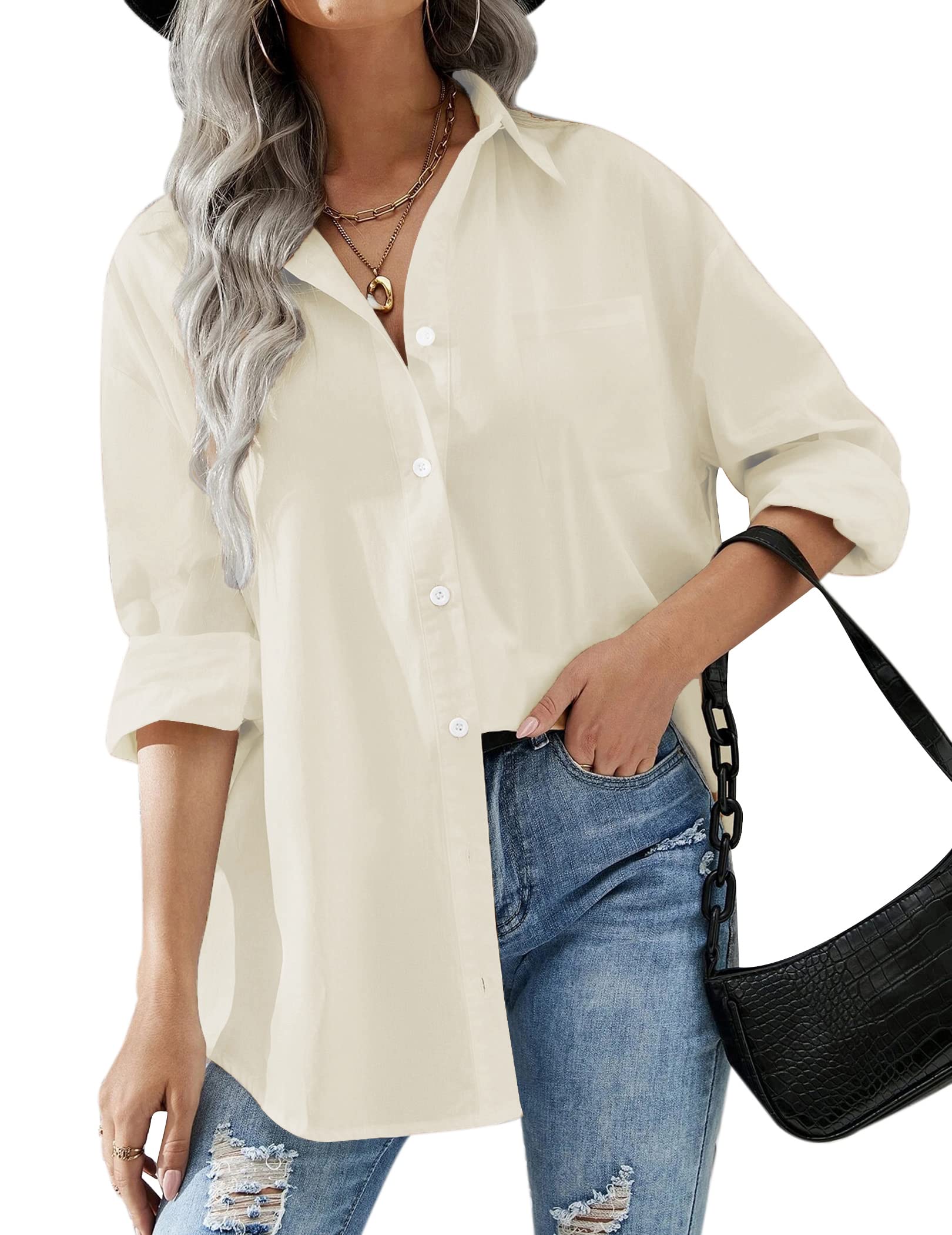 HOTOUCH Women Oversized Button Down Shirts Office Drop Shoulder Blouse Long Sleeve Boyfriend Dress Shirt with Pockets