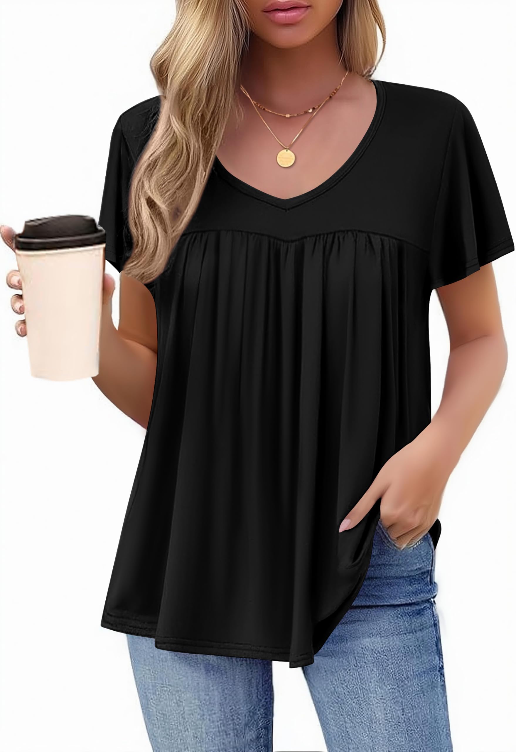 HOTOUCH Womens Short Sleeve Tunic Tops V Neck Loose Fit Ruffle Sleeve Shirts Summer Floral Dressy Casual Boho Blouses