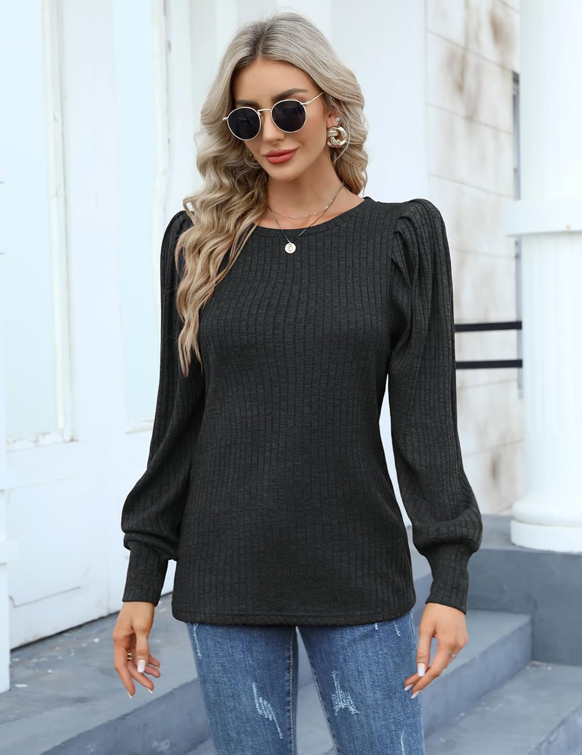 HOTOUCH Women's Knit Blouse Soft Puff Long Sleeve Shirt Tops Lightweight Round Neck Pullover Sweater S-XXL