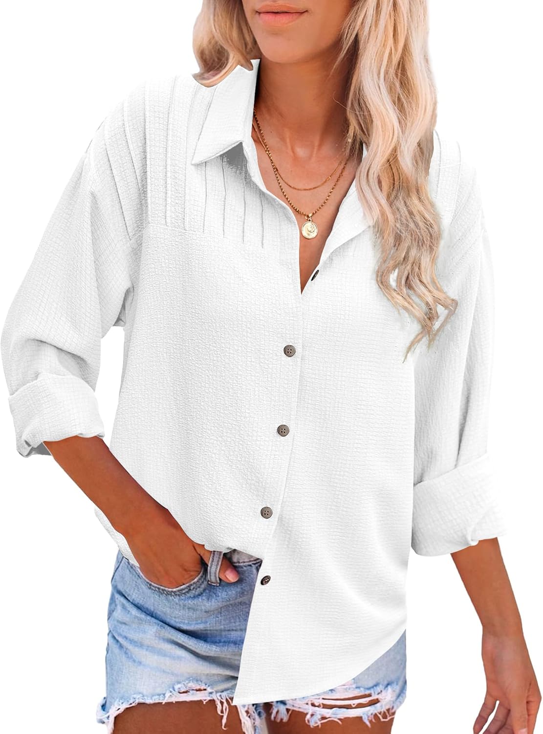 HOTOUCH Womens Long Sleeve Button Down Shirts Oversized Collared Drop Shoulder Work Tops Textured Loose Blouse S-XXXL