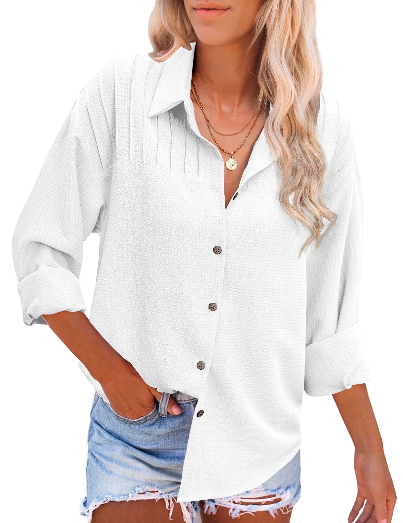 HOTOUCH Womens Long Sleeve Button Down Shirts Oversized Collared Drop Shoulder Work Tops Textured Loose Blouse S-XXXL