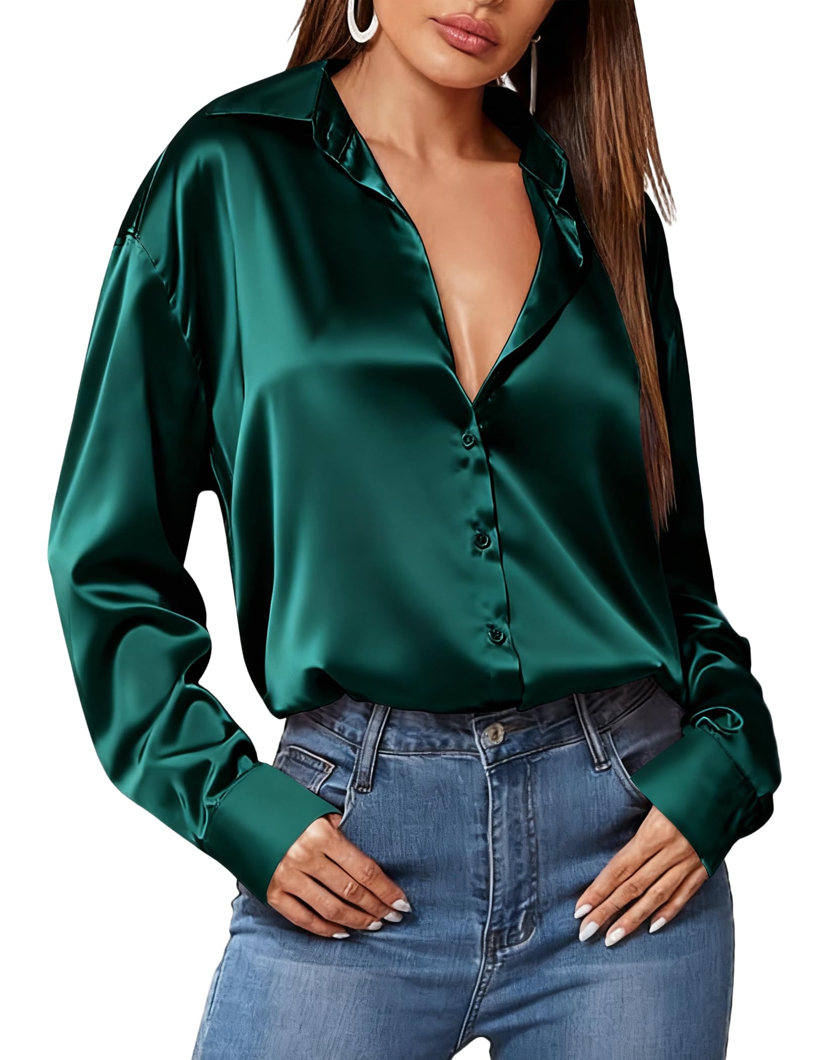 HOTOUCH Women Satin Silk Button Down Shirt Ladies Long Sleeve Tops V Neck Loose Blouse Dressy Business Casual Work Tunic Fall