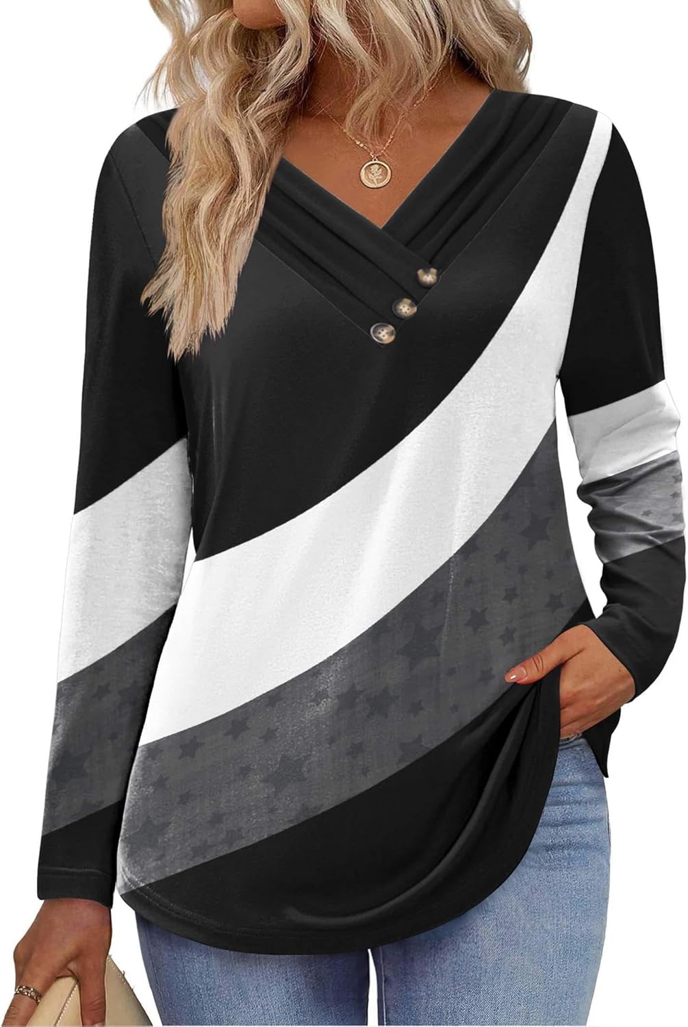 HOTOUCH Womens Fall Tunics Long Sleeve Tops Cross V Neck Shirts Loose Casual Blouses with Decor Button