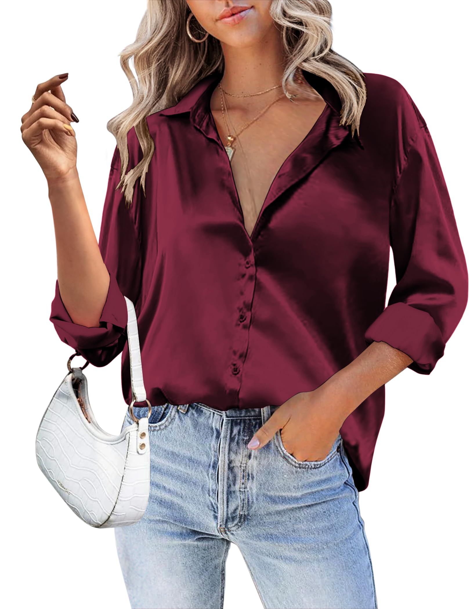 HOTOUCH Women Satin Silk Button Down Shirt Ladies Long Sleeve Tops V Neck Loose Blouse Dressy Business Casual Work Tunic Fall